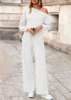 PRETTYGARDEN Long Sleeve Jumpsuit For Women Dressy Off Shoulder One Piece Loose Wide Leg Jumpsuits Casual Flowy Romper