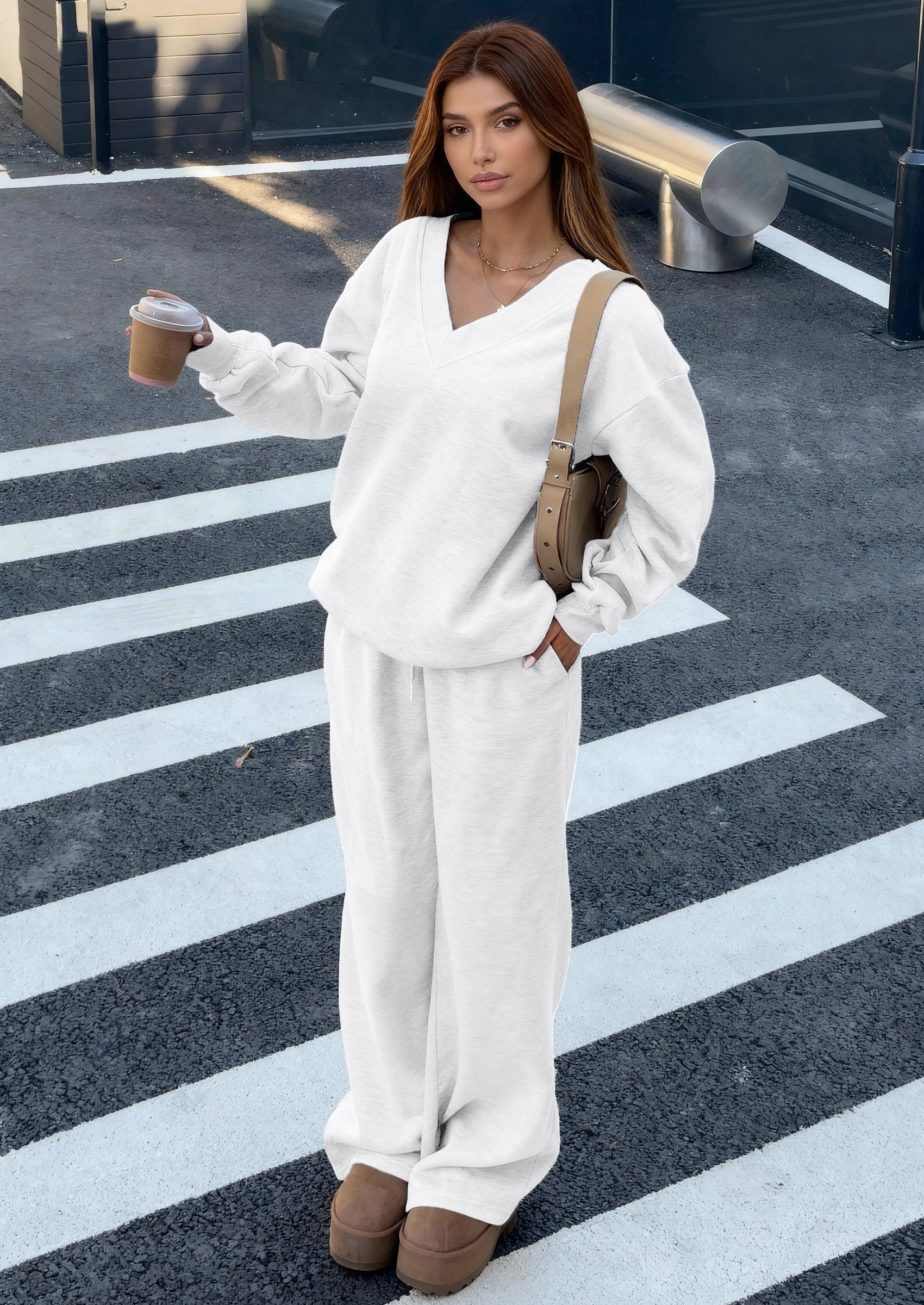 PRETTYGARDEN Casual Winter Two Piece Sets for Women V Neck Sweatshirt Loose Wide Leg Pants Tracksuit Knit Fall Outfits PRETTYGARDEN