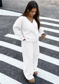 PRETTYGARDEN Casual Winter Two Piece Sets for Women V Neck Sweatshirt Loose Wide Leg Pants Tracksuit Knit Fall Outfits PRETTYGARDEN