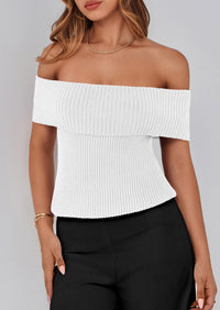 Off Shoulder Ribbed Knit Short Sleeve Blouse