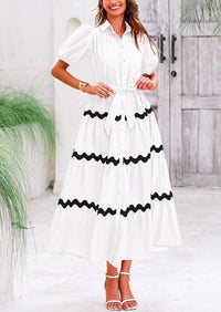 Button Down Puff Short Sleeve Ruffle Flowy Maxi Shirt Dresses With Belt