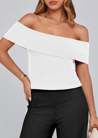 Off Shoulder Ribbed Knit Short Sleeve Blouse