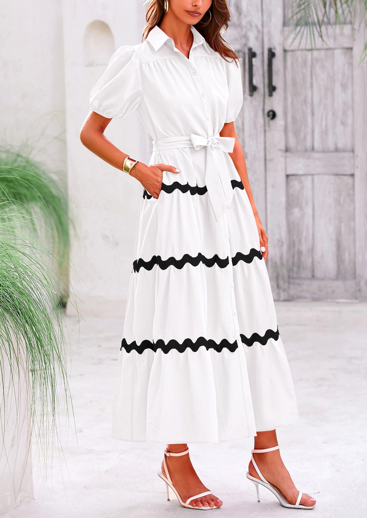 Button Down Puff Short Sleeve Ruffle Flowy Maxi Shirt Dresses With Belt