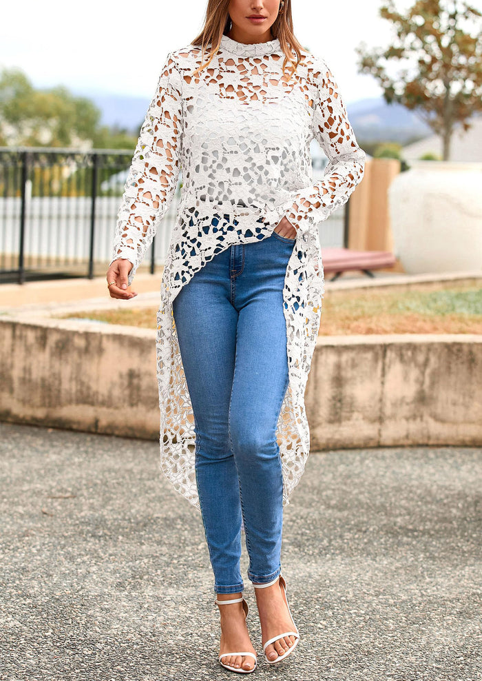 Long Sleeve Round Neck High Low Asymmetrical Irregular Hem Casual Blouse