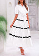 Button Down Puff Short Sleeve Ruffle Flowy Maxi Shirt Dresses With Belt