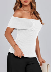 Off Shoulder Ribbed Knit Short Sleeve Blouse