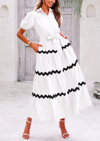 Button Down Puff Short Sleeve Ruffle Flowy Maxi Shirt Dresses With Belt