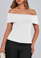 Off Shoulder Ribbed Knit Short Sleeve Blouse