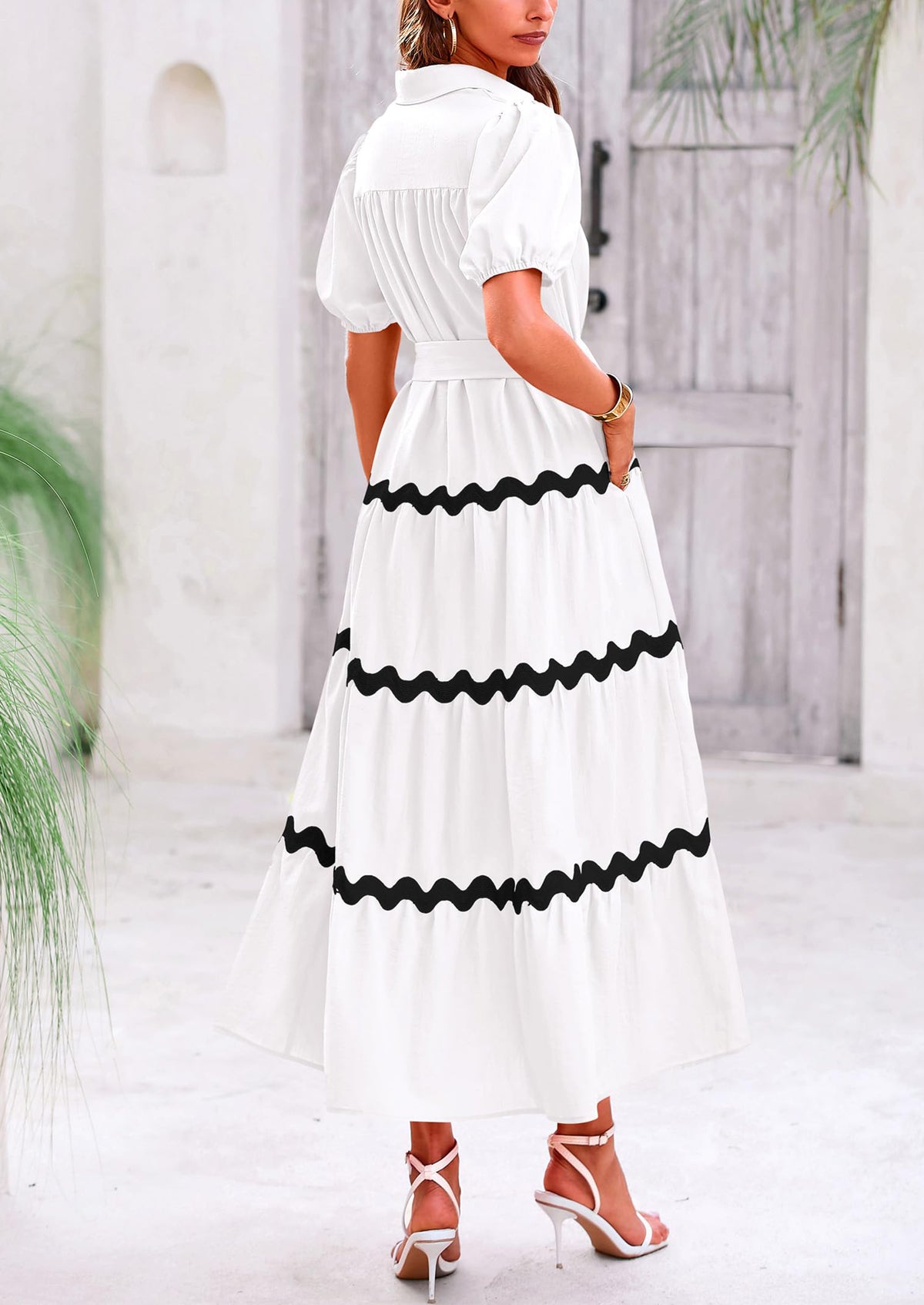 Button Down Puff Short Sleeve Ruffle Flowy Maxi Shirt Dresses With Belt