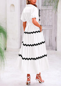 Button Down Puff Short Sleeve Ruffle Flowy Maxi Shirt Dresses With Belt
