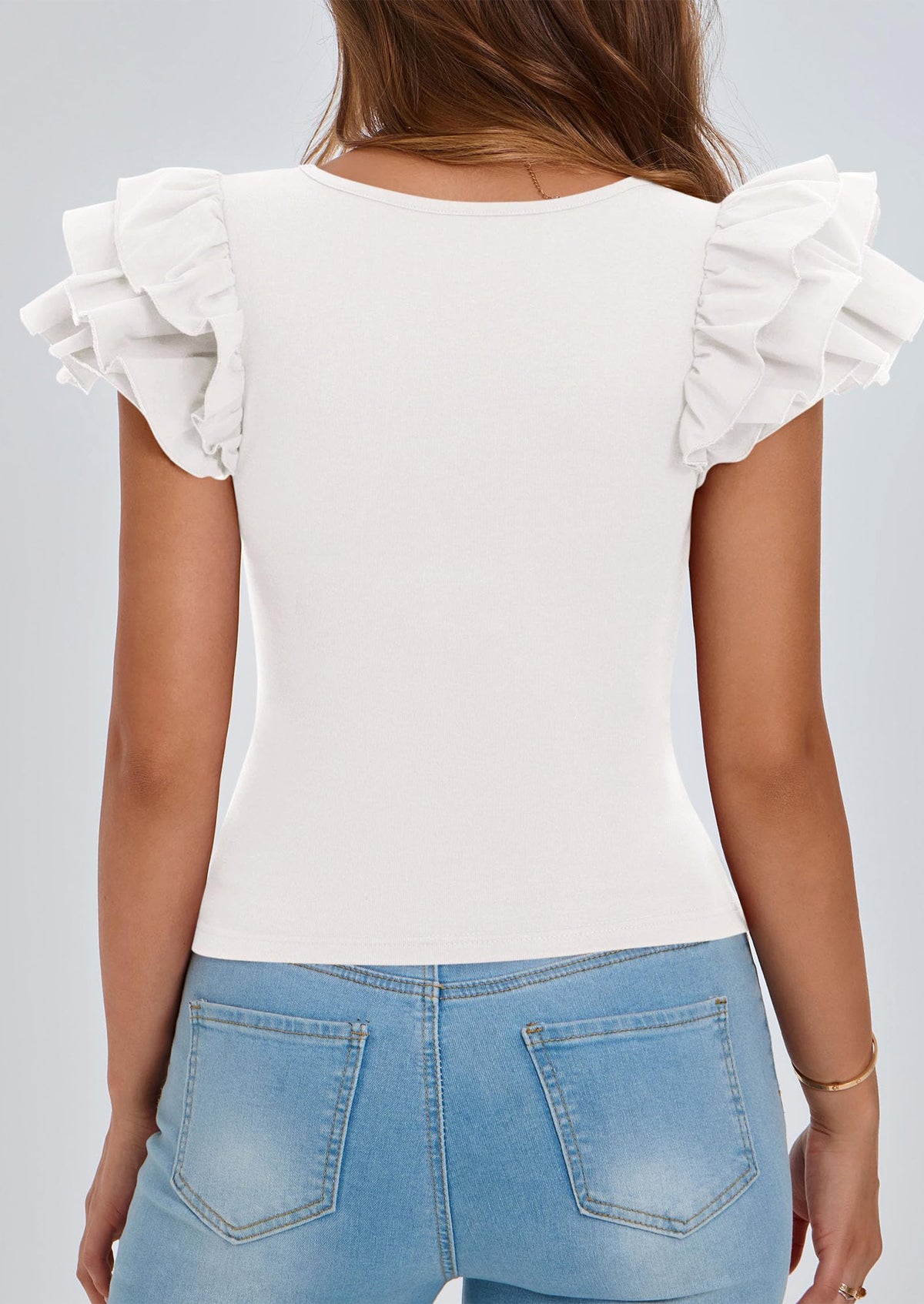 Ruffle Short Sleeve Casual Basic Fitted Crew Neck T-shirts