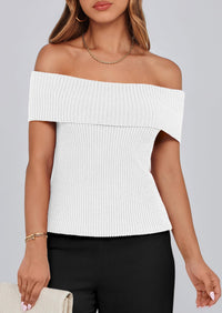 Off Shoulder Ribbed Knit Short Sleeve Blouse