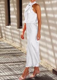 Satin sleeveless stand up collar party long dress