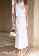 Satin sleeveless stand up collar party long dress