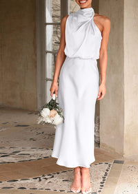 Satin sleeveless stand up collar party long dress
