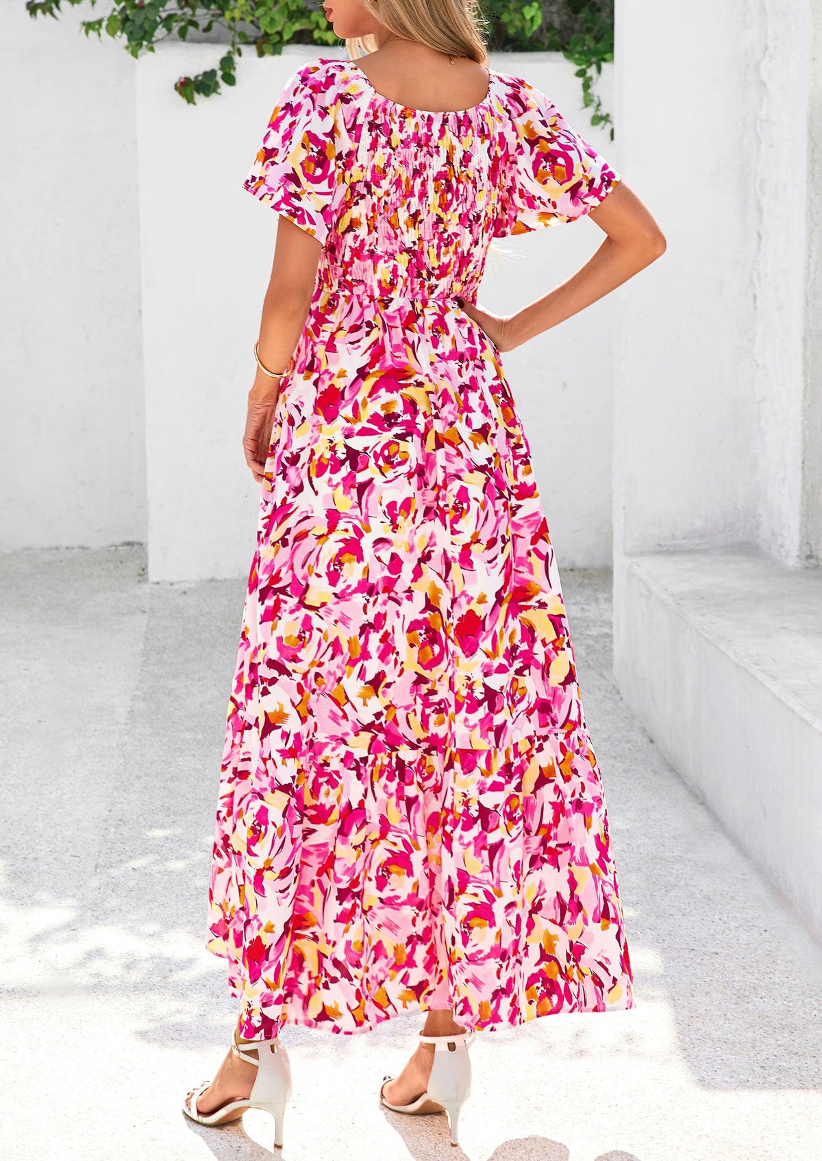 Floral Boho Short Sleeve V Neck Smocked A Line Beach Vacation Maxi Dresses