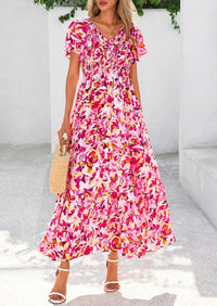 Floral Boho Short Sleeve V Neck Smocked A Line Beach Vacation Maxi Dresses