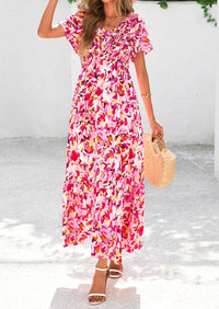 Floral Boho Short Sleeve V Neck Smocked A Line Beach Vacation Maxi Dresses