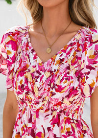 Floral Boho Short Sleeve V Neck Smocked A Line Beach Vacation Maxi Dresses