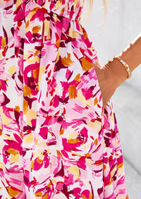 Floral Boho Short Sleeve V Neck Smocked A Line Beach Vacation Maxi Dresses