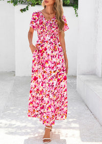 Floral Boho Short Sleeve V Neck Smocked A Line Beach Vacation Maxi Dresses