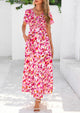 Floral Boho Short Sleeve V Neck Smocked A Line Beach Vacation Maxi Dresses