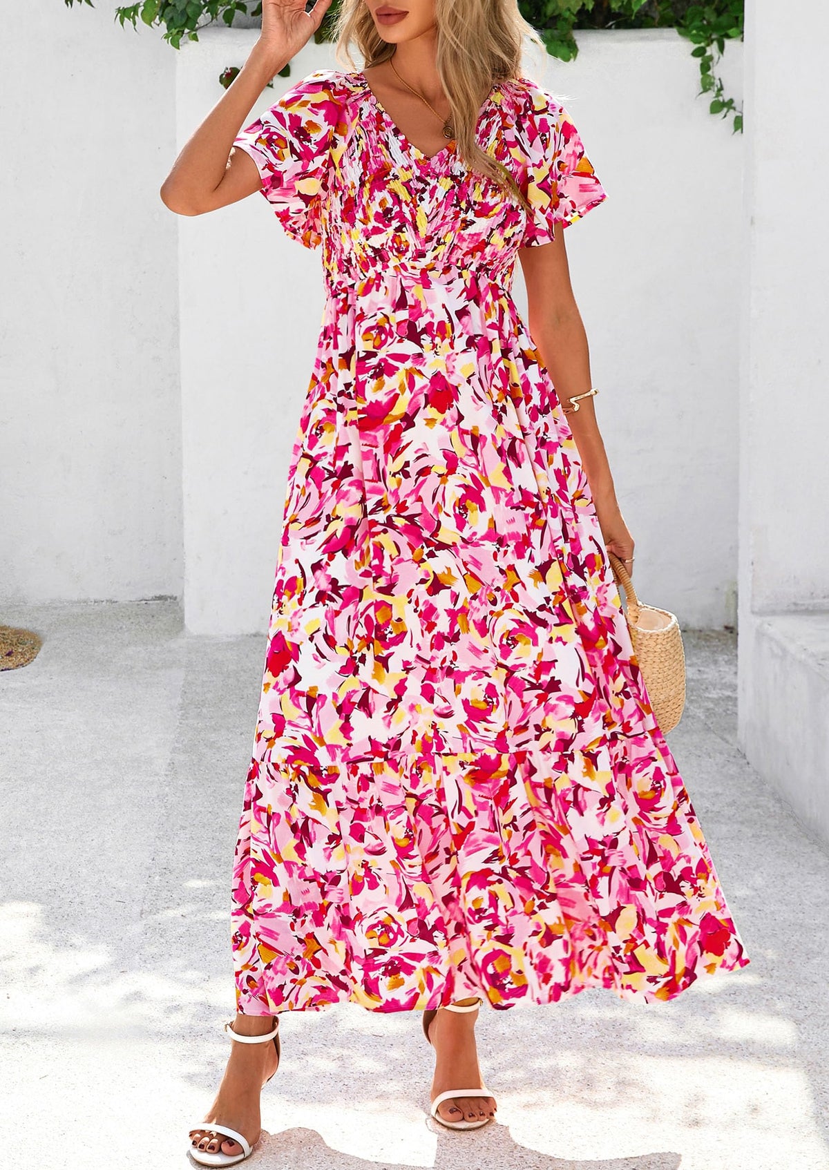 Floral Boho Short Sleeve V Neck Smocked A Line Beach Vacation Maxi Dresses