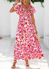 Floral Boho Short Sleeve V Neck Smocked A Line Beach Vacation Maxi Dresses