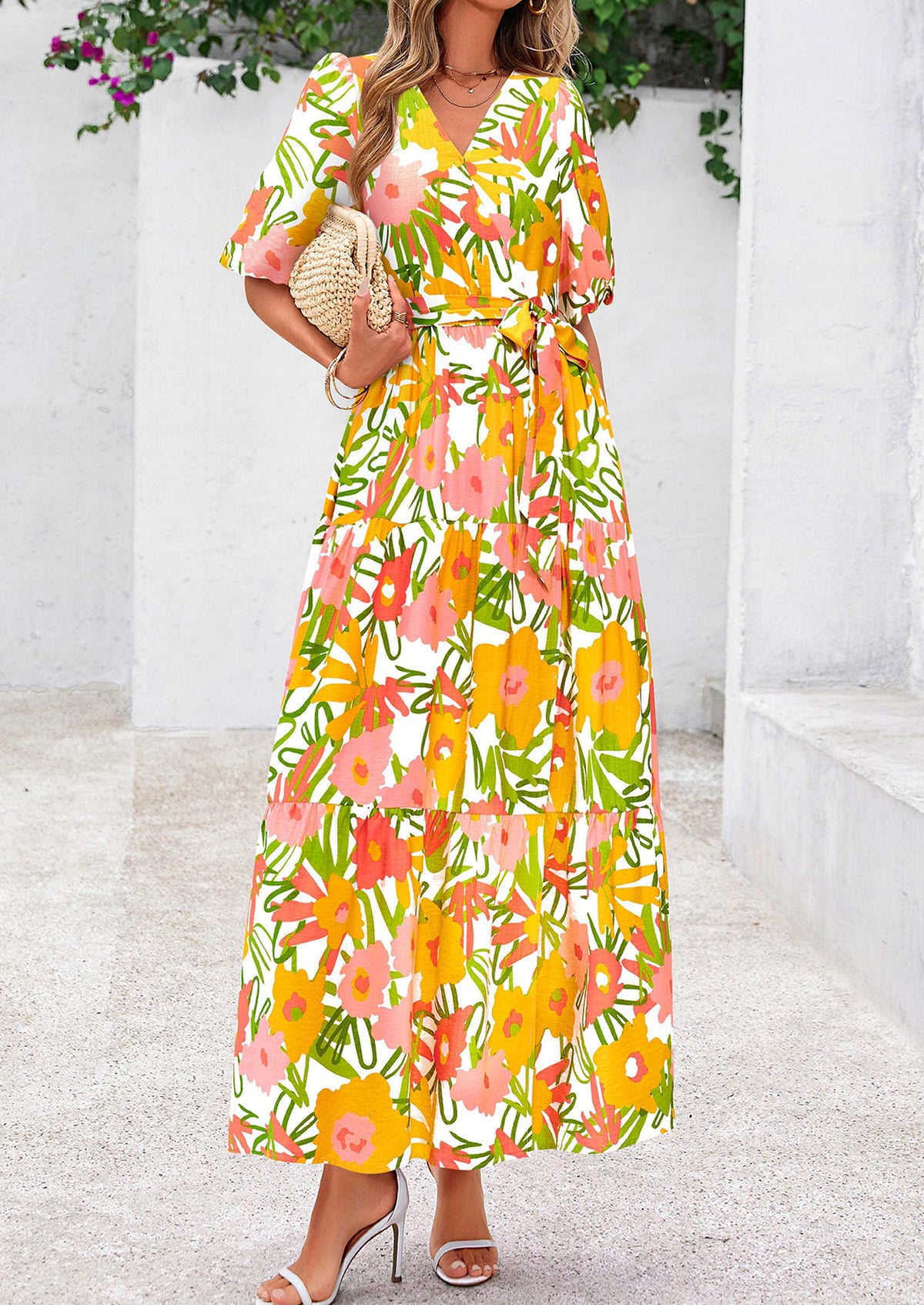 Bohemian Print V-Neck Short Sleeved Ruffled Vacation Maxi Dress