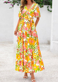 Bohemian Print V-Neck Short Sleeved Ruffled Vacation Maxi Dress