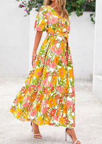 Bohemian Print V-Neck Short Sleeved Ruffled Vacation Maxi Dress