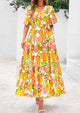 Bohemian Print V-Neck Short Sleeved Ruffled Vacation Maxi Dress