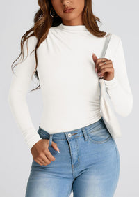Y2K Long Sleeve Mock Neck Ruched Slim Fitted Casual Blouses
