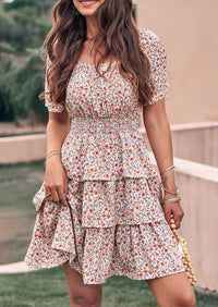 Floral Square Neck Short Sleeve Tiered Ruffle Boho Dresses