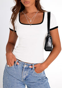 Casual Short Sleeve Ribbed Knit Square Neck Color Block Slim Fit Basic Crop T-shirts