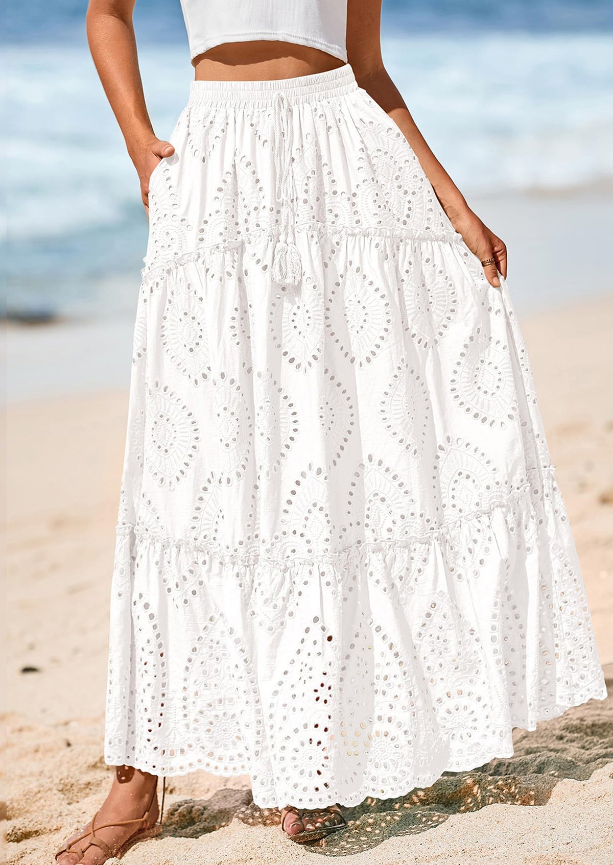 Bohemian Casual Lace Embroidered Eyelets A-Line Beach Long Dress