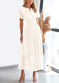 Short Sleeve V Neck Hollow Out Eyelet A Line Long Beach Maxi Dress