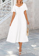 Casual Short Sleeve Bow Tie V Neck Ruffle Flowy Midi Dresses