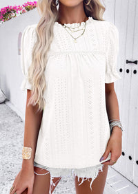 Casual Crew Neck Ruffle Short Sleeve Eyelet Babydoll Blouse
