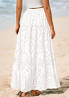 BTFBM Women's Boho Casual Skirts Summer Lace Embroidery Eyelet Elastic Waist Flowy Tiered A-Line Beach Maxi Skirt