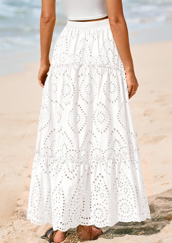 Bohemian Casual Lace Embroidered Eyelets A-Line Beach Long Dress