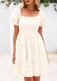 Puff Sleeve Off Shoulder Eyelet Smocked A Line Casual Babydoll Mini Dress