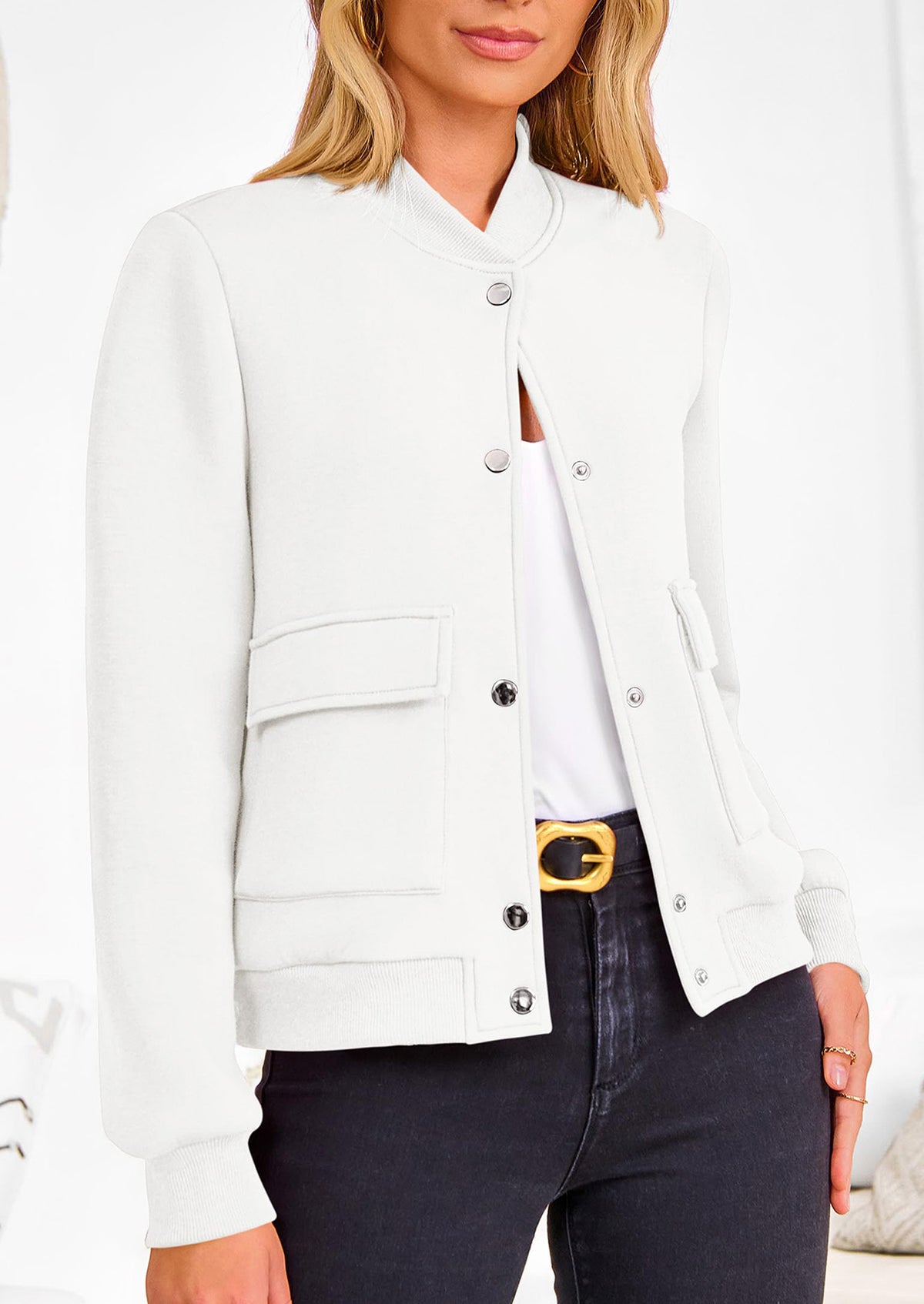 Casual Long Sleeve Button up Lightweight Varsity Bomber Jackets