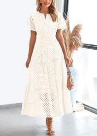 Short Sleeve V Neck Hollow Out Eyelet A Line Long Beach Maxi Dress