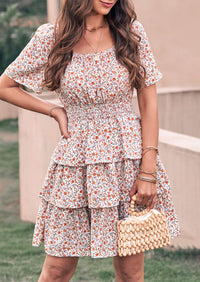 Floral Square Neck Short Sleeve Tiered Ruffle Boho Dresses
