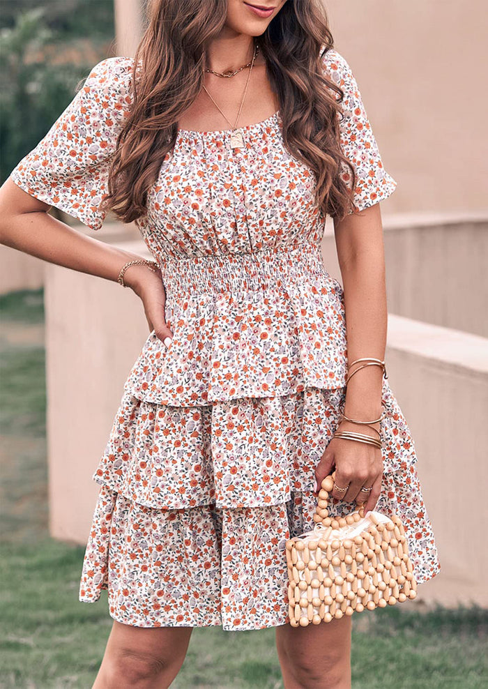 Floral Square Neck Short Sleeve Tiered Ruffle Boho Dresses