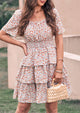 Floral Square Neck Short Sleeve Tiered Ruffle Boho Dresses