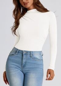 Y2K Long Sleeve Mock Neck Ruched Slim Fitted Casual Blouses