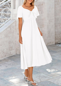 Casual Short Sleeve Bow Tie V Neck Ruffle Flowy Midi Dresses