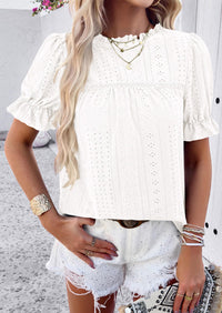Casual Crew Neck Ruffle Short Sleeve Eyelet Babydoll Blouse